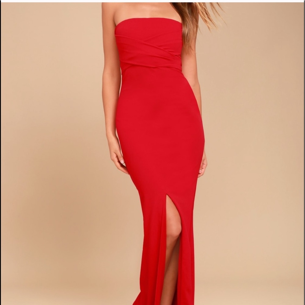 Lulu’s red floor length long strapless dress